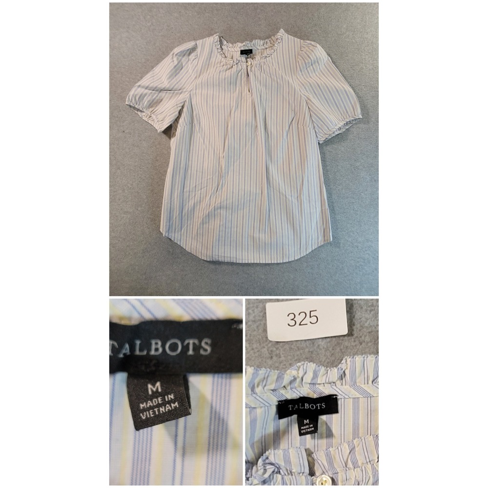 Talbots Womens Blue Yellow Striped Ruffle Neck Puff Sleeve Cotton Blouse Medium